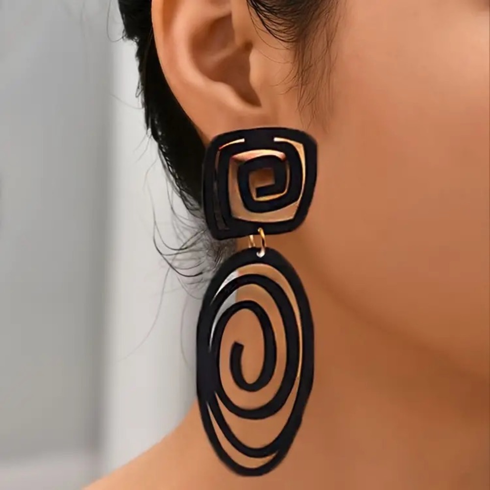 Black Spiral Pattern Long Dangle Earrings pierced
